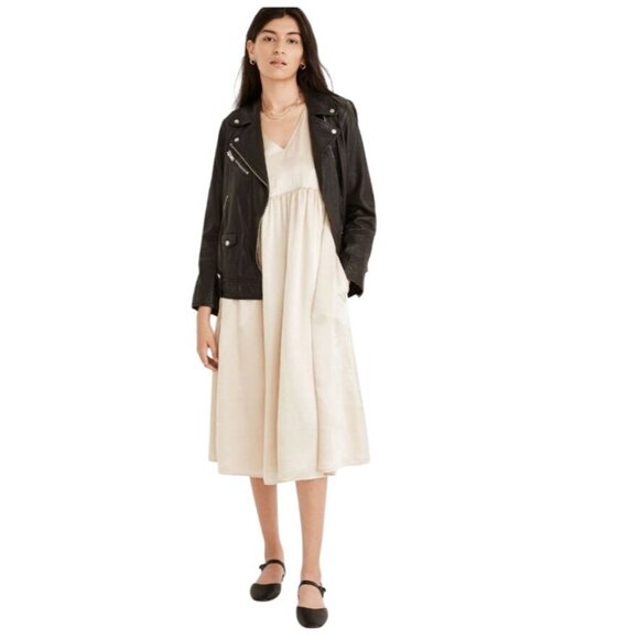 Madewell Puff-Sleeve V-Neck Midi Dress in Shiny Gold Satin ND148 XL X-Large - Picture 4 of 5